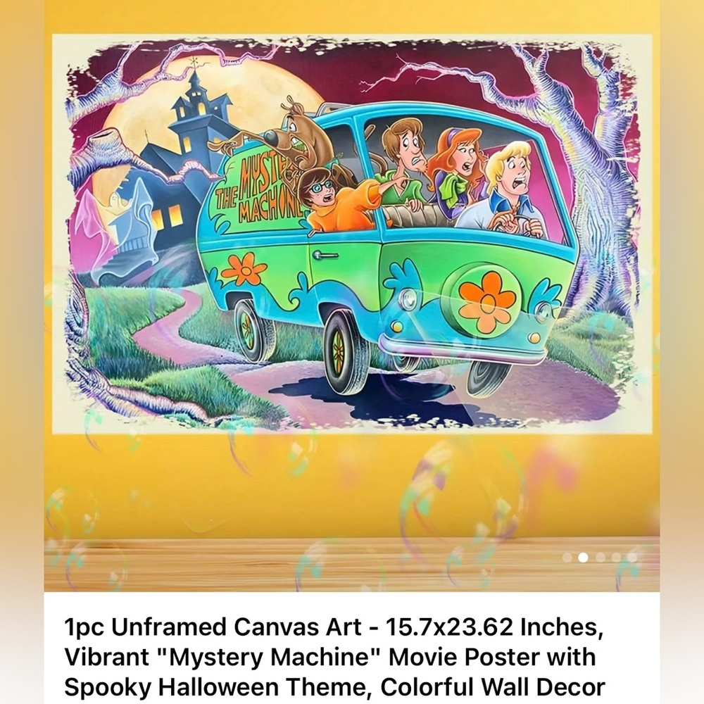 "Mystery Machine" Movie Poster with Spooky Halloween Theme, Colorful Wall Decor